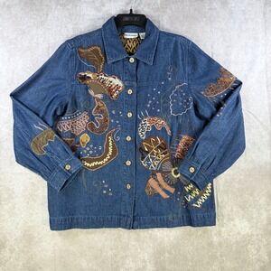 Breckenridge Embroidered Button‎ Up Shacket Women Medium Blue Denim Long Sleeve